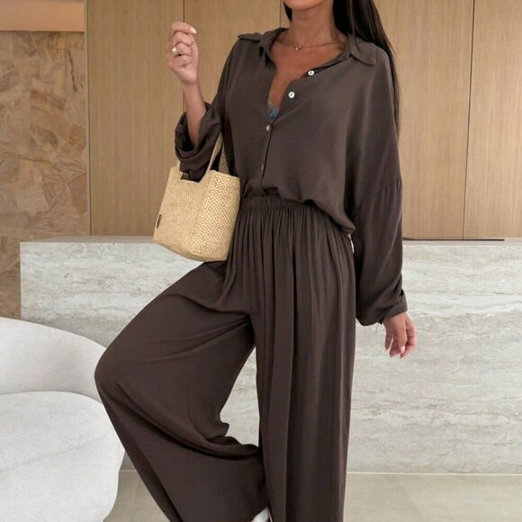 Mocha Brown Casual Women's Front Button-Up Shirt & Loose Pants Set - Picture 6 of 6